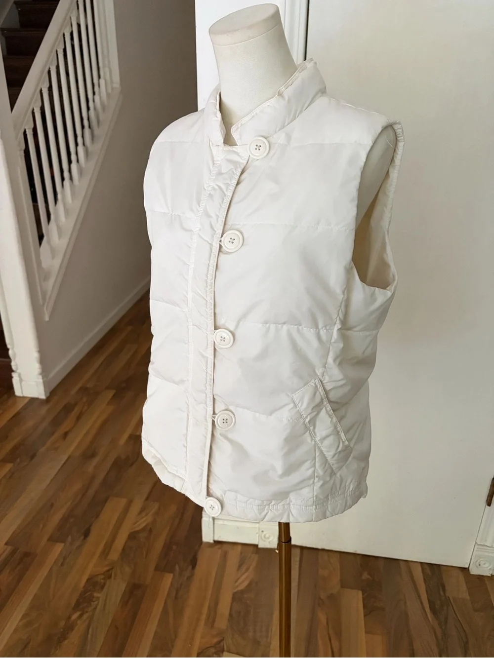 Y2K J. Crew Off-White Quilted Button-Front Puffer Vest, Large, EUC
